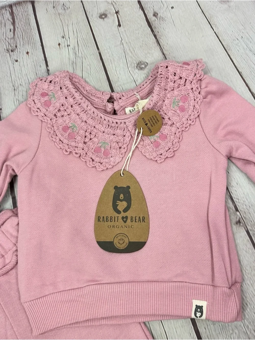 NWT Rabbit & Bear dusty Pink Crochet Collar Sweatshirt Set 3-6M cottage crochet